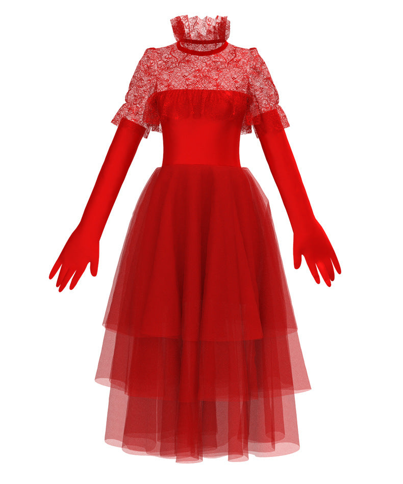 Adult Lydia Deetz Outfit Beetle Bride Red Wedding Dress Gothic Cosplay Costume with Veil and Gloves