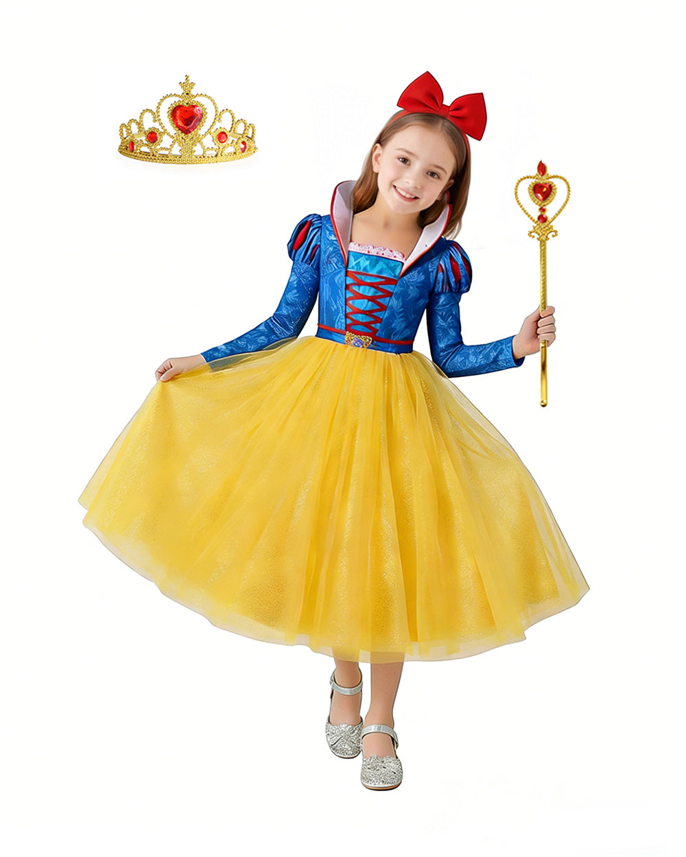 Kids Princess Dress Puff Long Sleeve Ball Gown Dress with Crown for Cosplay