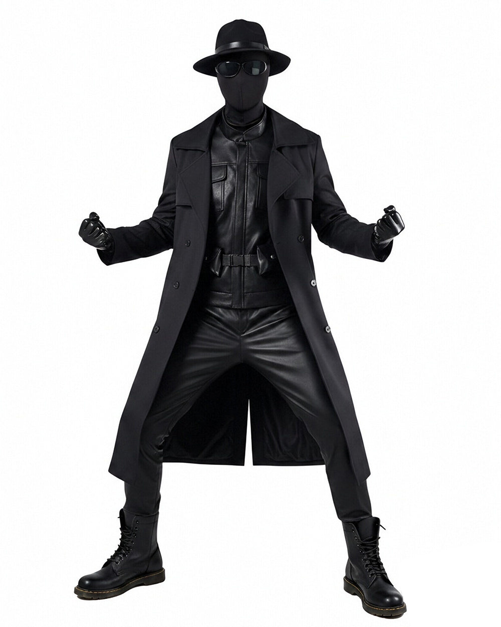 Mens Retro Spider Detective Costume Black Hero Trench Coat with Helmet and Accessories for Cosplay