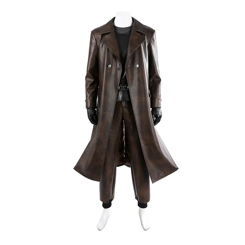 Mens 1930s Retro Spider Detective Costume Dark Brown Vintage Leather Trench Coat Hat with Accessories 8pcs Set for Comic Con