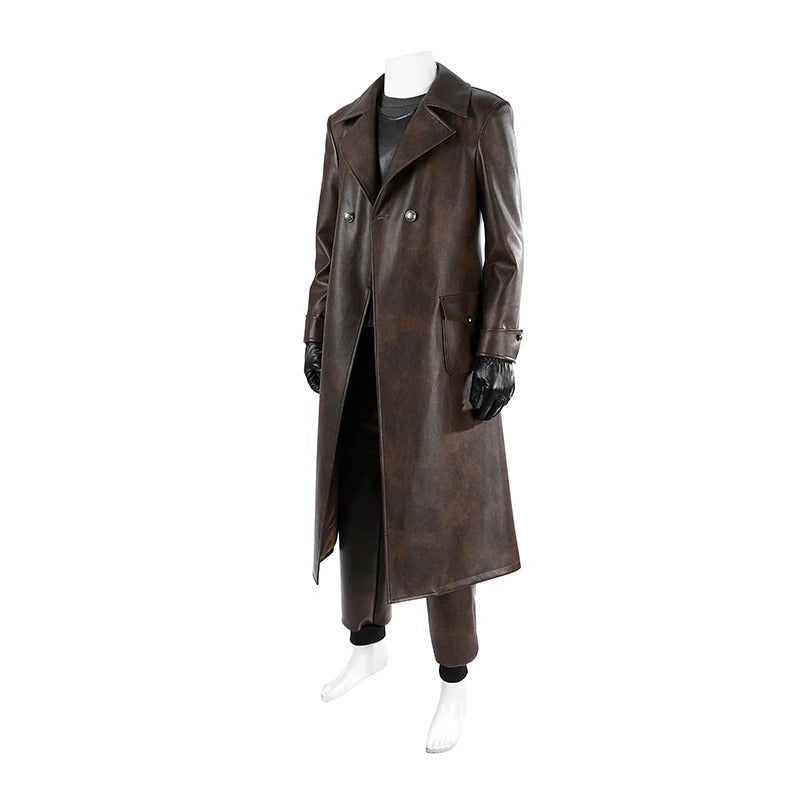 Mens 1930s Retro Spider Detective Costume Dark Brown Vintage Leather Trench Coat Hat with Accessories 8pcs Set for Comic Con