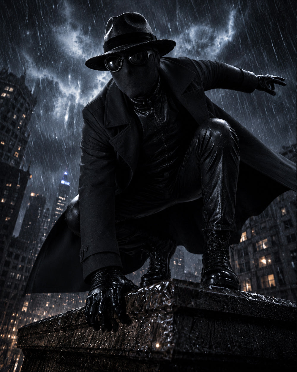 Mens Retro Spider Detective Costume Black Hero Trench Coat with Helmet and Accessories for Cosplay