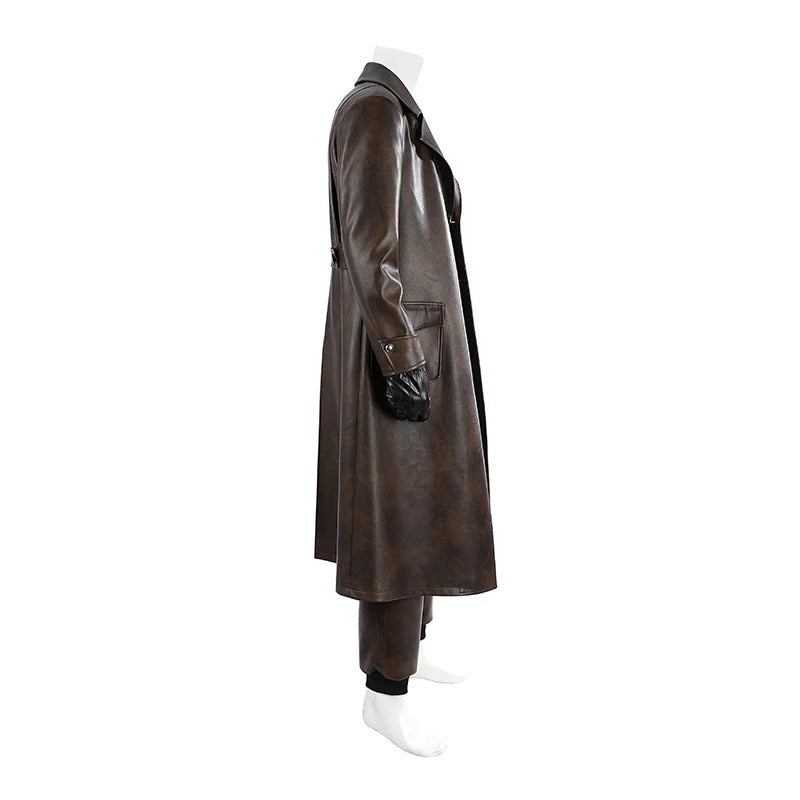 Mens 1930s Retro Spider Detective Costume Dark Brown Vintage Leather Trench Coat Hat with Accessories 8pcs Set for Comic Con