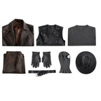 Mens 1930s Retro Spider Detective Costume Dark Brown Vintage Leather Trench Coat Hat with Accessories 8pcs Set for Comic Con
