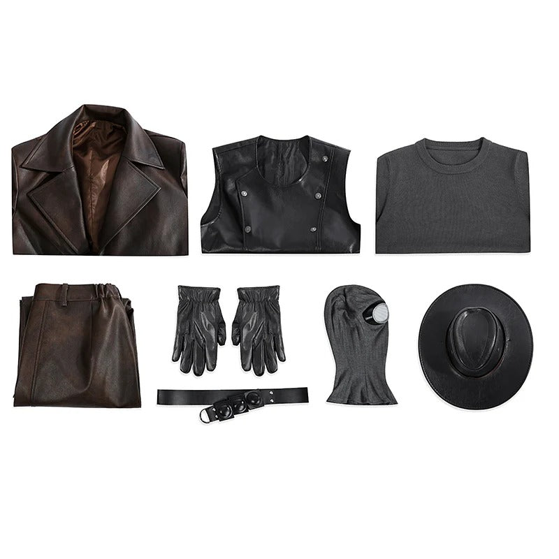 Mens 1930s Retro Spider Detective Costume Dark Brown Vintage Leather Trench Coat Hat with Accessories 8pcs Set for Comic Con