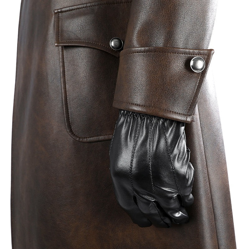 Mens 1930s Retro Spider Detective Costume Dark Brown Vintage Leather Trench Coat Hat with Accessories 8pcs Set for Comic Con