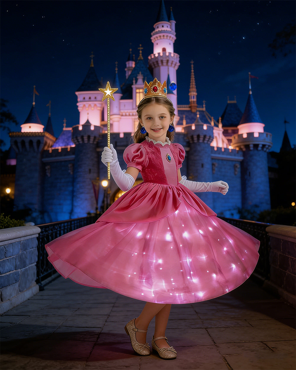 Light-up Pink Princess Gown with Magical Crown Wand Gloves and Earrings for Birthday Party