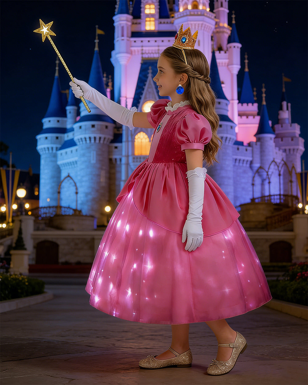 Light-up Pink Princess Gown with Magical Crown Wand Gloves and Earrings for Birthday Party