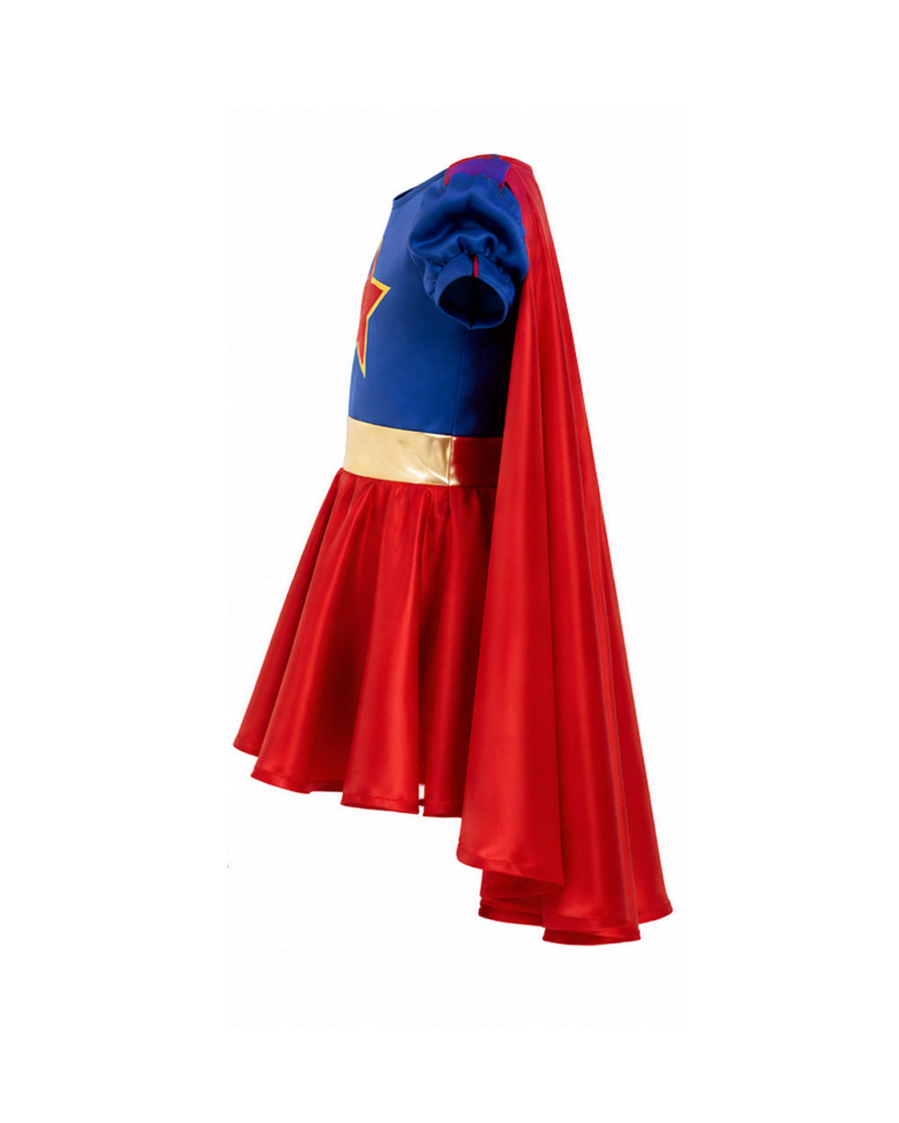 Girls Blue and Red Superhero Dress with Cape Shiny Gold Belt Red Star Costume for Halloween Themed Party