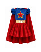 Girls Blue and Red Superhero Dress with Cape Shiny Gold Belt Red Star Costume for Halloween Themed Party