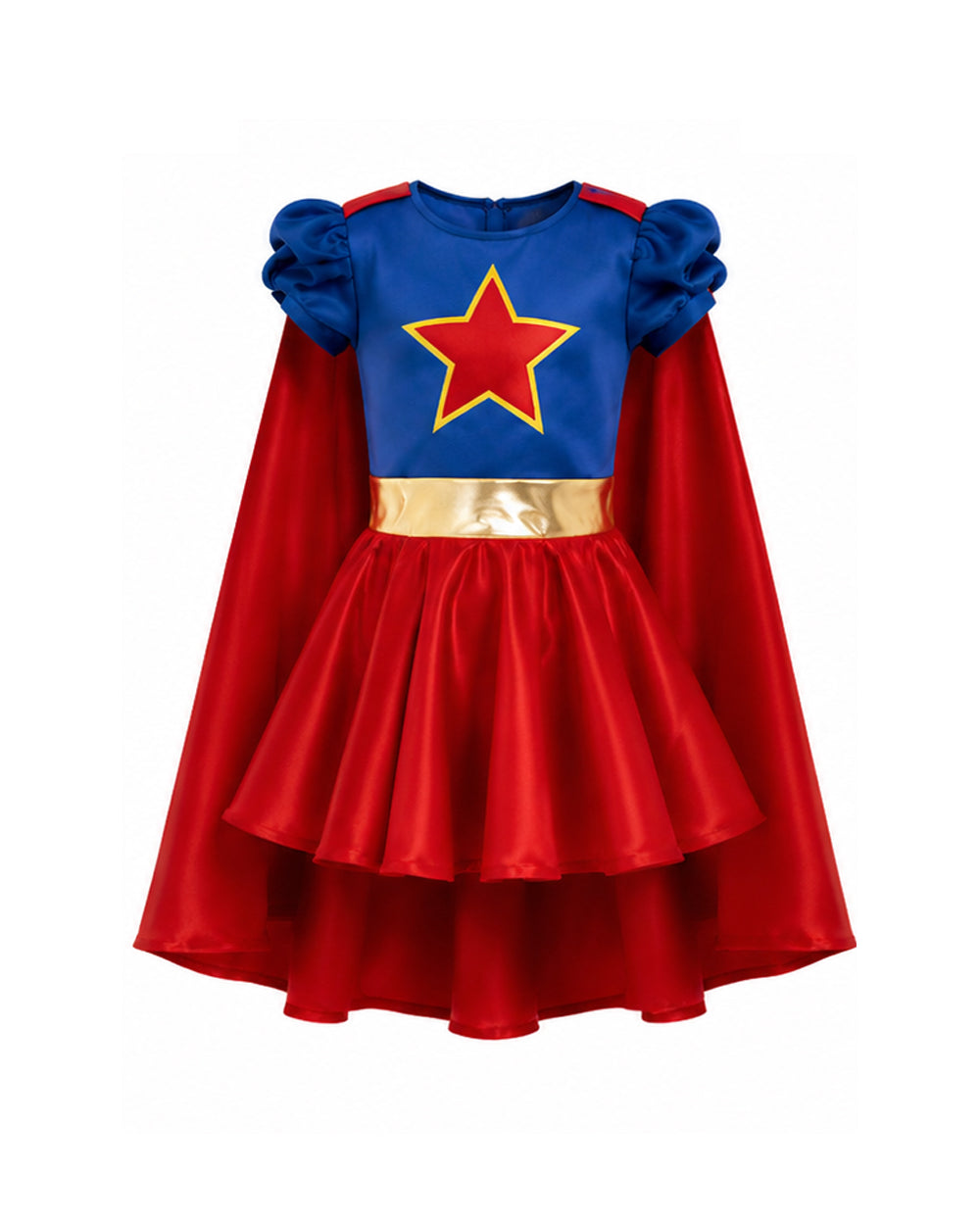 Girls Blue and Red Superhero Dress with Cape Shiny Gold Belt Red Star Costume for Halloween Themed Party