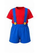 Boys Super Bro Costume Red-blue Shirt Overall Shorts Cape and Goggles 4pcs Set for Cosplay Carnival