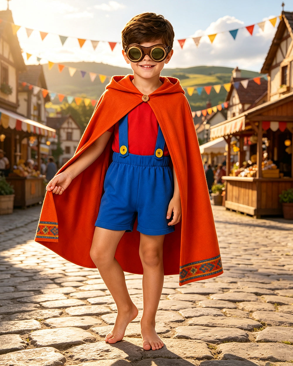 Boys Super Bro Costume Red-blue Shirt Overall Shorts Cape and Goggles 4pcs Set for Cosplay Carnival