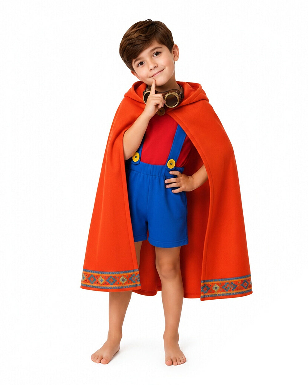 Boys Super Bro Costume Red-blue Shirt Overall Shorts Cape and Goggles 4pcs Set for Cosplay Carnival