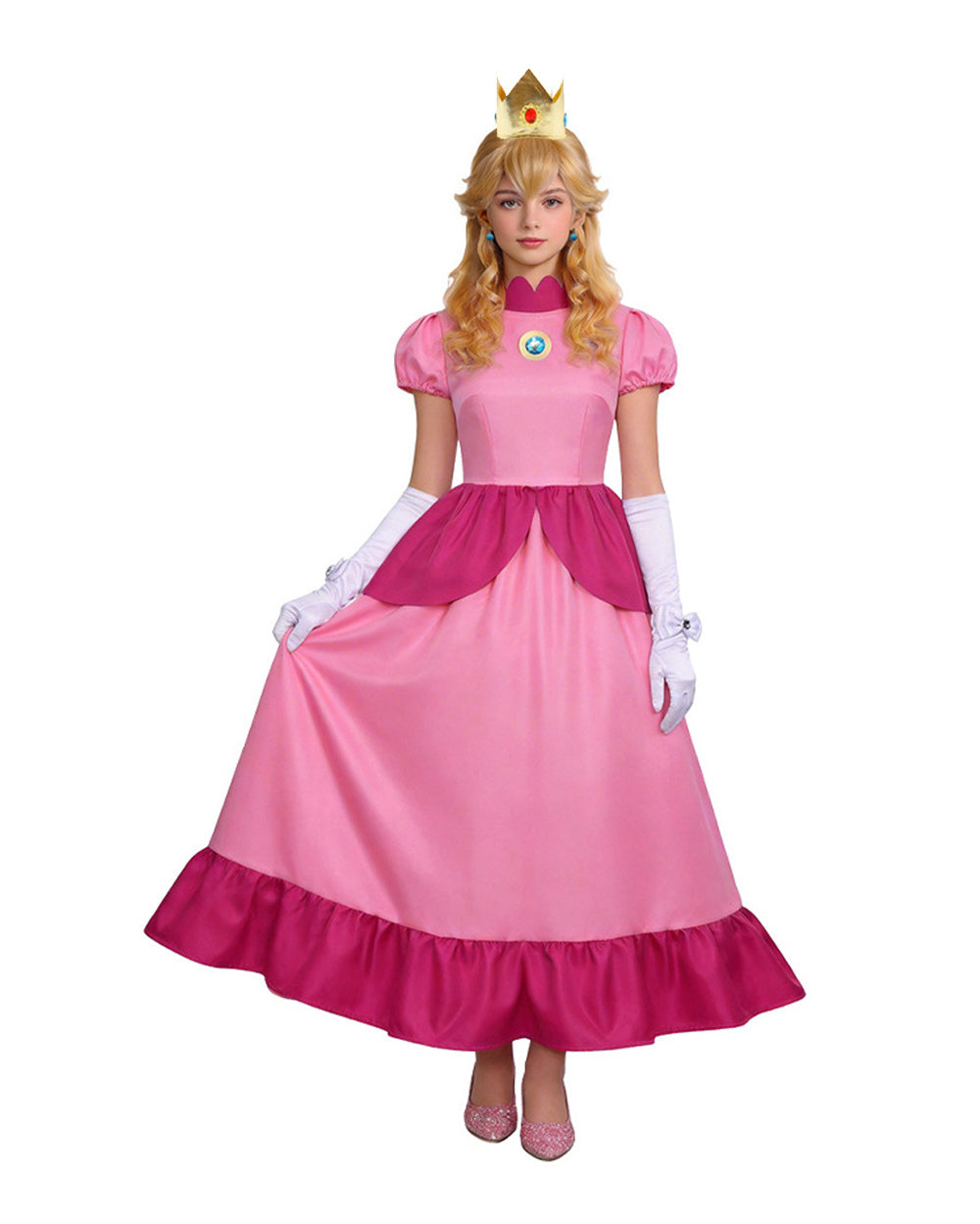 Pink Princess Cosplay Costume Set Dress with Crown Earrings Brooch and Long Gloves