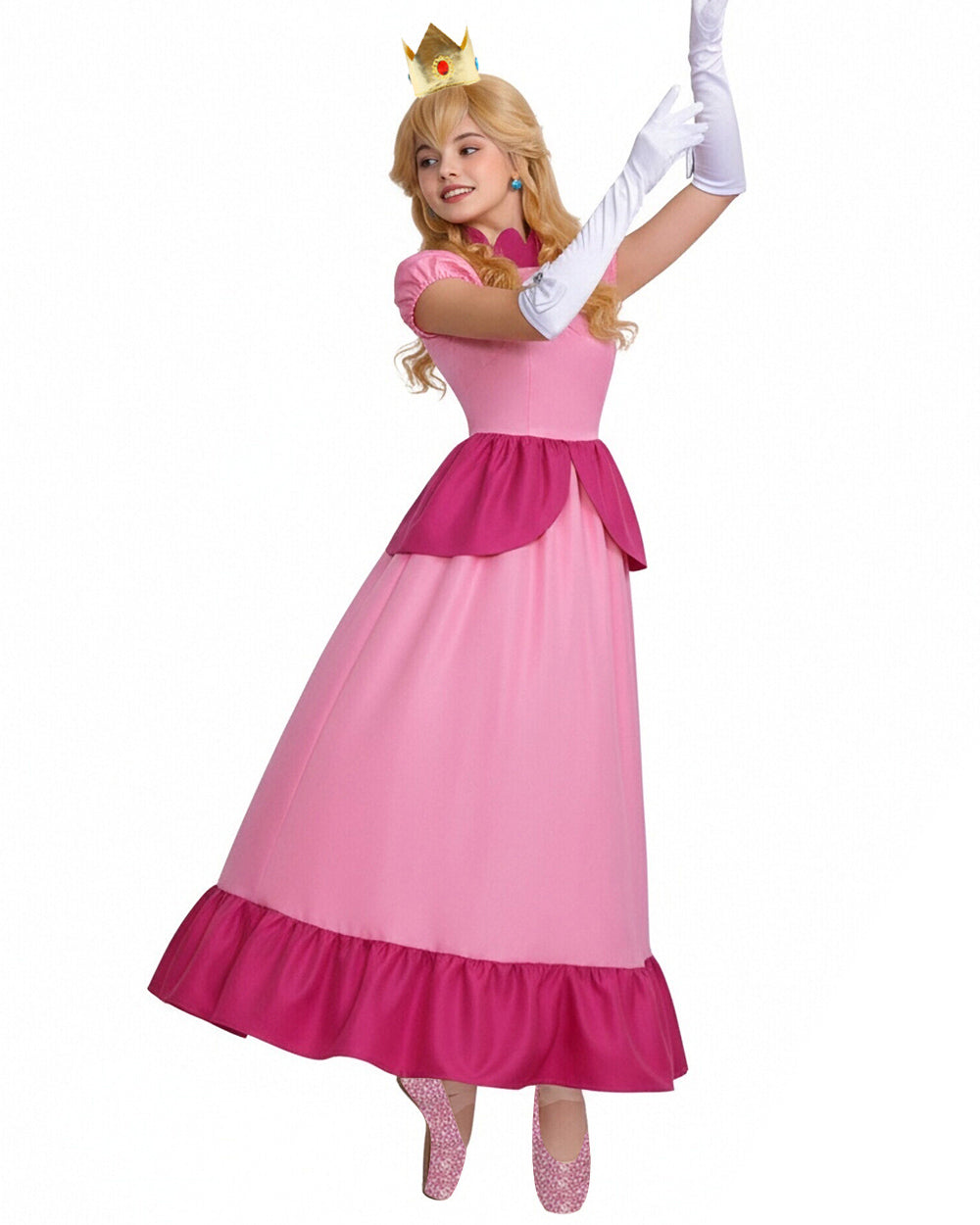 Pink Princess Cosplay Costume Set Dress with Crown Earrings Brooch and Long Gloves