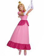 Pink Princess Cosplay Costume Set Dress with Crown Earrings Brooch and Long Gloves