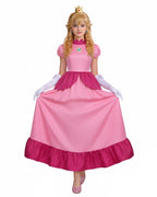 Pink Princess Cosplay Costume Set Dress with Crown Earrings Brooch and Long Gloves