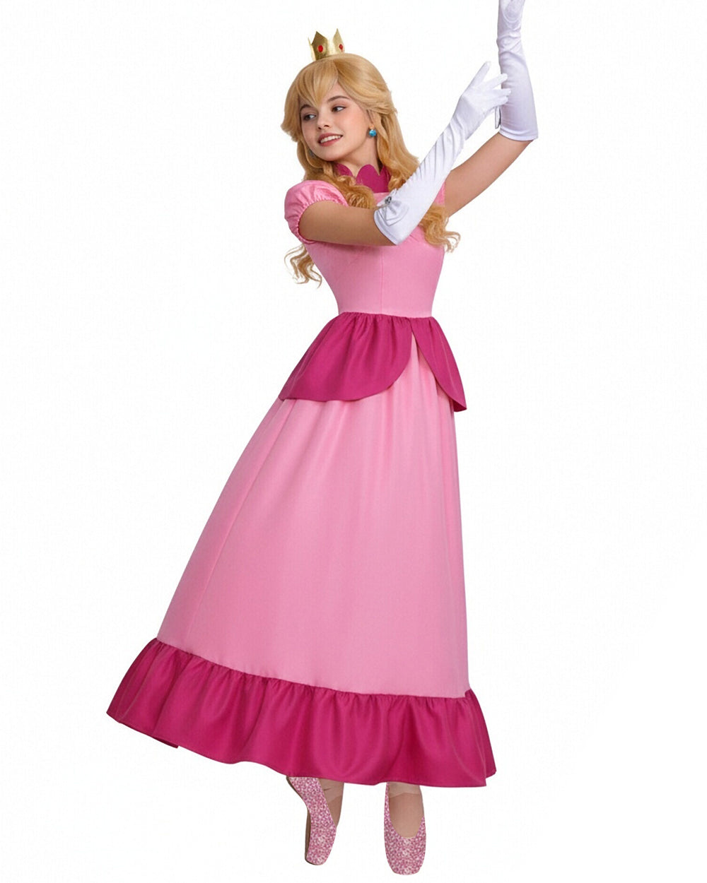 Pink Princess Cosplay Costume Set Dress with Crown Earrings Brooch and Long Gloves