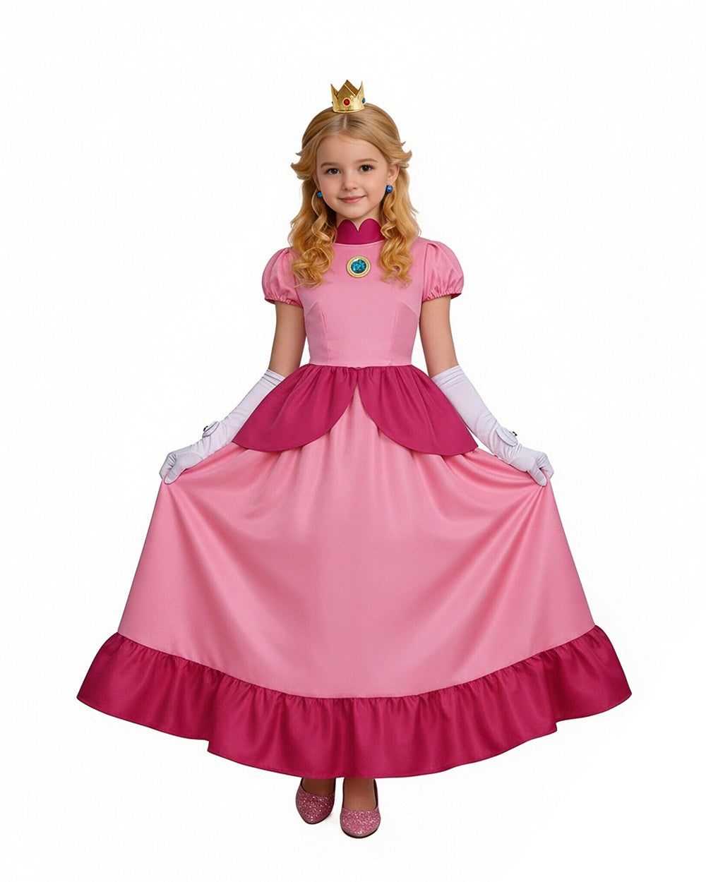 Pink Princess Cosplay Costume Set Dress with Crown Earrings Brooch and Long Gloves