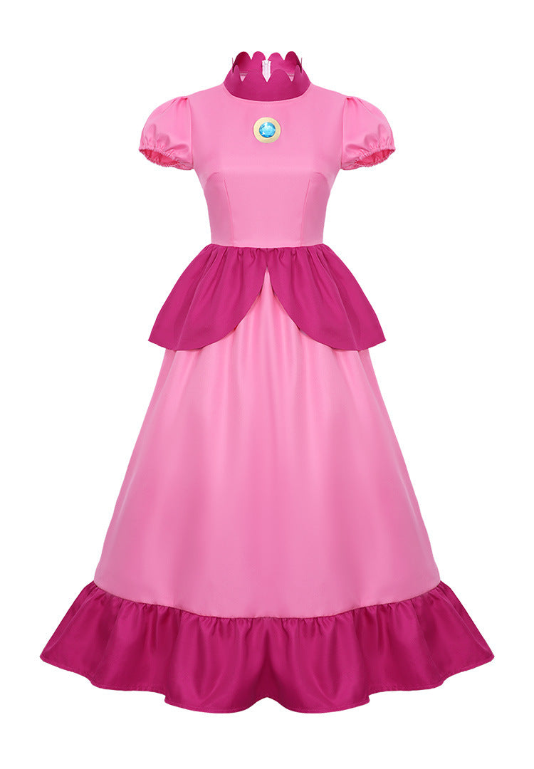 Pink Princess Cosplay Costume Set Dress with Crown Earrings Brooch and Long Gloves