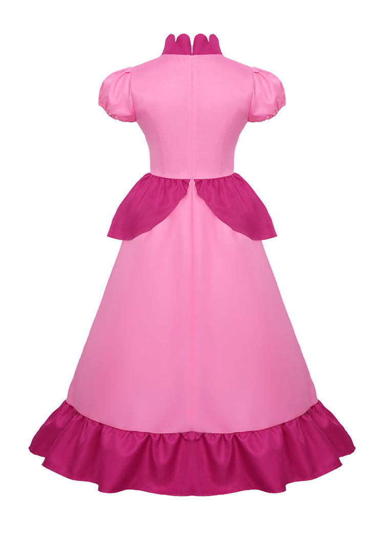 Pink Princess Cosplay Costume Set Dress with Crown Earrings Brooch and Long Gloves