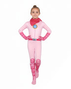 Peach Costume Girls Princess Outfit Super Brother Jumpsuit with Crown Gloves for Halloween Party