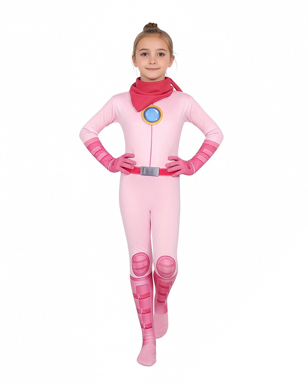 Peach Costume Girls Princess Outfit Super Brother Jumpsuit with Crown Gloves for Halloween Party