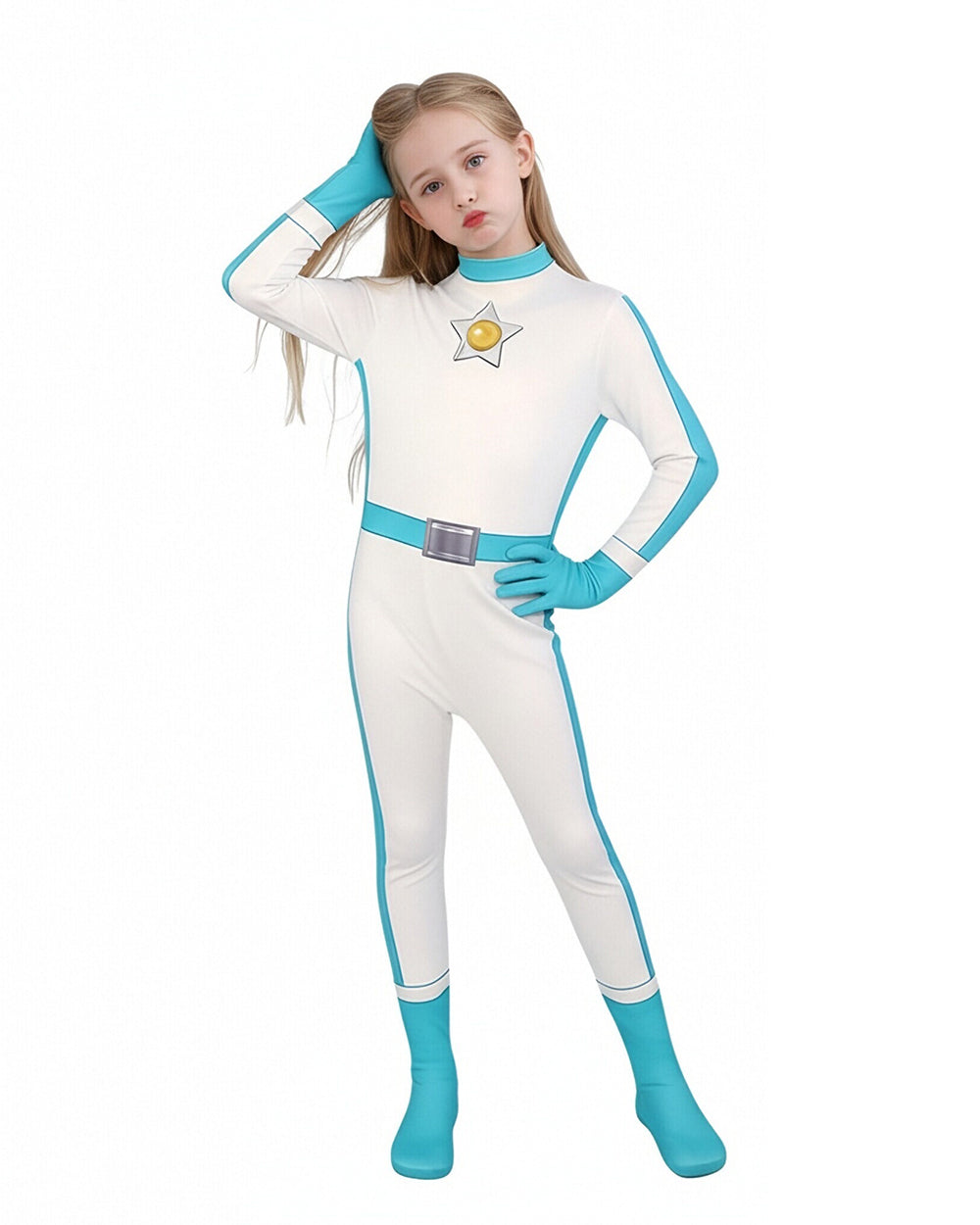 Peach Costume Girls Princess Outfit Super Brother Jumpsuit with Crown Gloves for Halloween Party