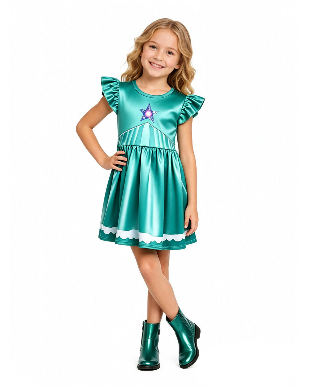 Girls Rosalina Princess Costume Green Dress and Bag 2pcs Suit for Cosplay Events