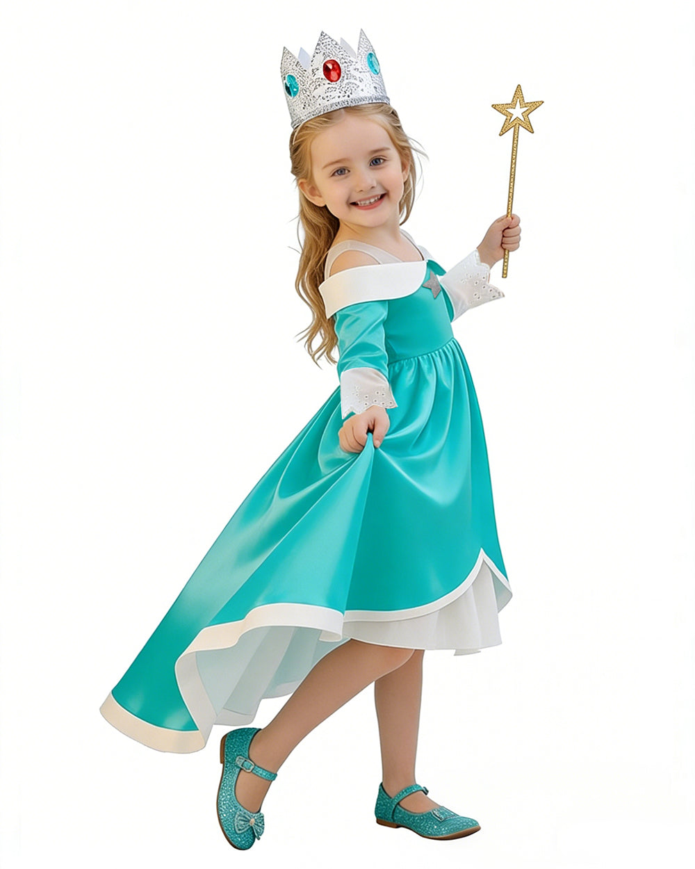Rosalina Princess Costume Turquoise Satin Off-shoulder Ball Gown with Silver Star High Low Dress