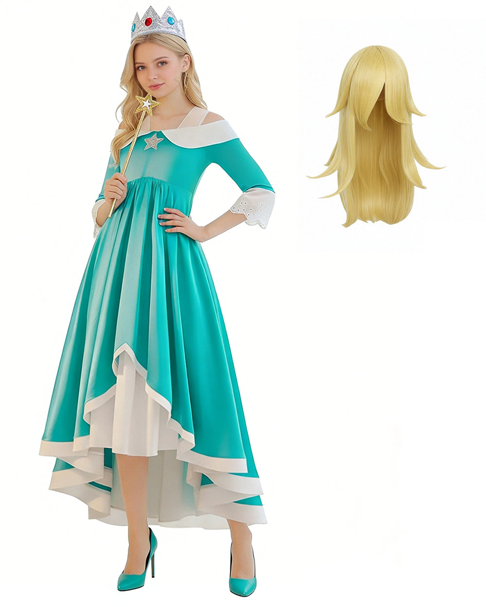 Rosalina Princess Costume Turquoise Satin Off-shoulder Ball Gown with Silver Star High Low Dress