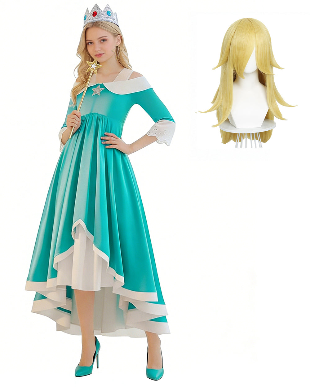 Rosalina Princess Costume Turquoise Satin Off-shoulder Ball Gown with Silver Star High Low Dress