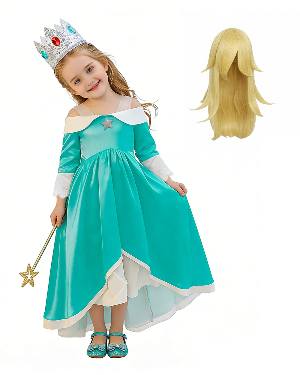 Rosalina Princess Costume Turquoise Satin Off-shoulder Ball Gown with Silver Star High Low Dress