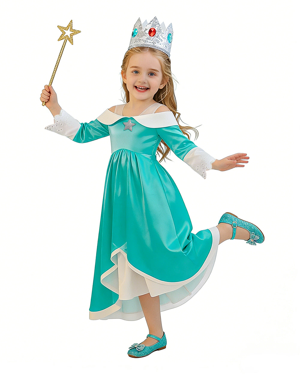 Rosalina Princess Costume Turquoise Satin Off-shoulder Ball Gown with Silver Star High Low Dress