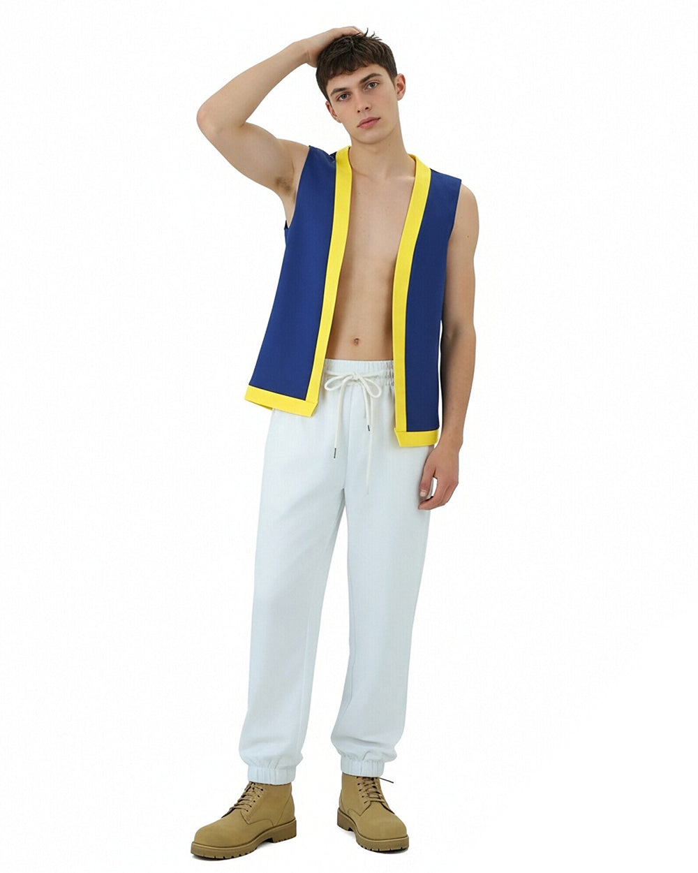 Mushroom Costume Blue Open-front Vest with White Pants and Plush Hat for Cosplay Party