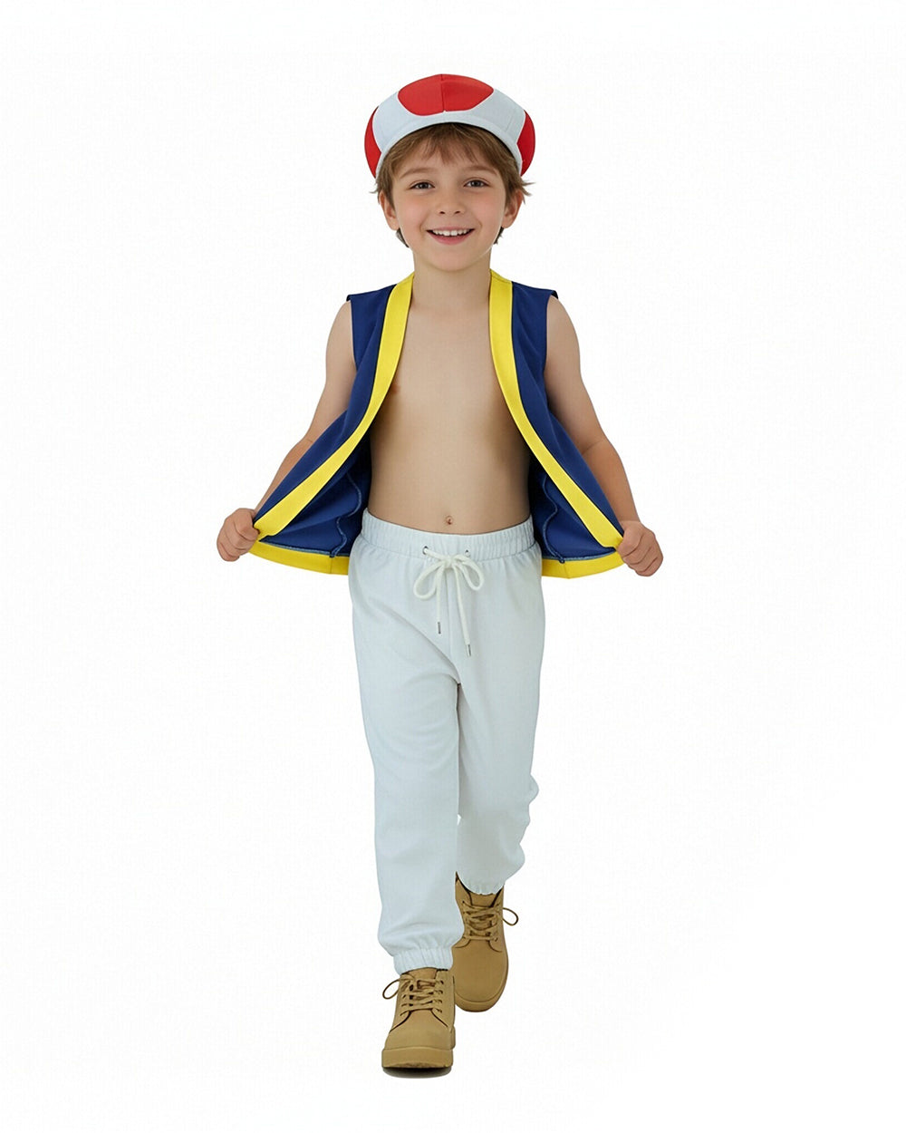 Mushroom Costume Blue Open-front Vest with White Pants and Plush Hat for Cosplay Party