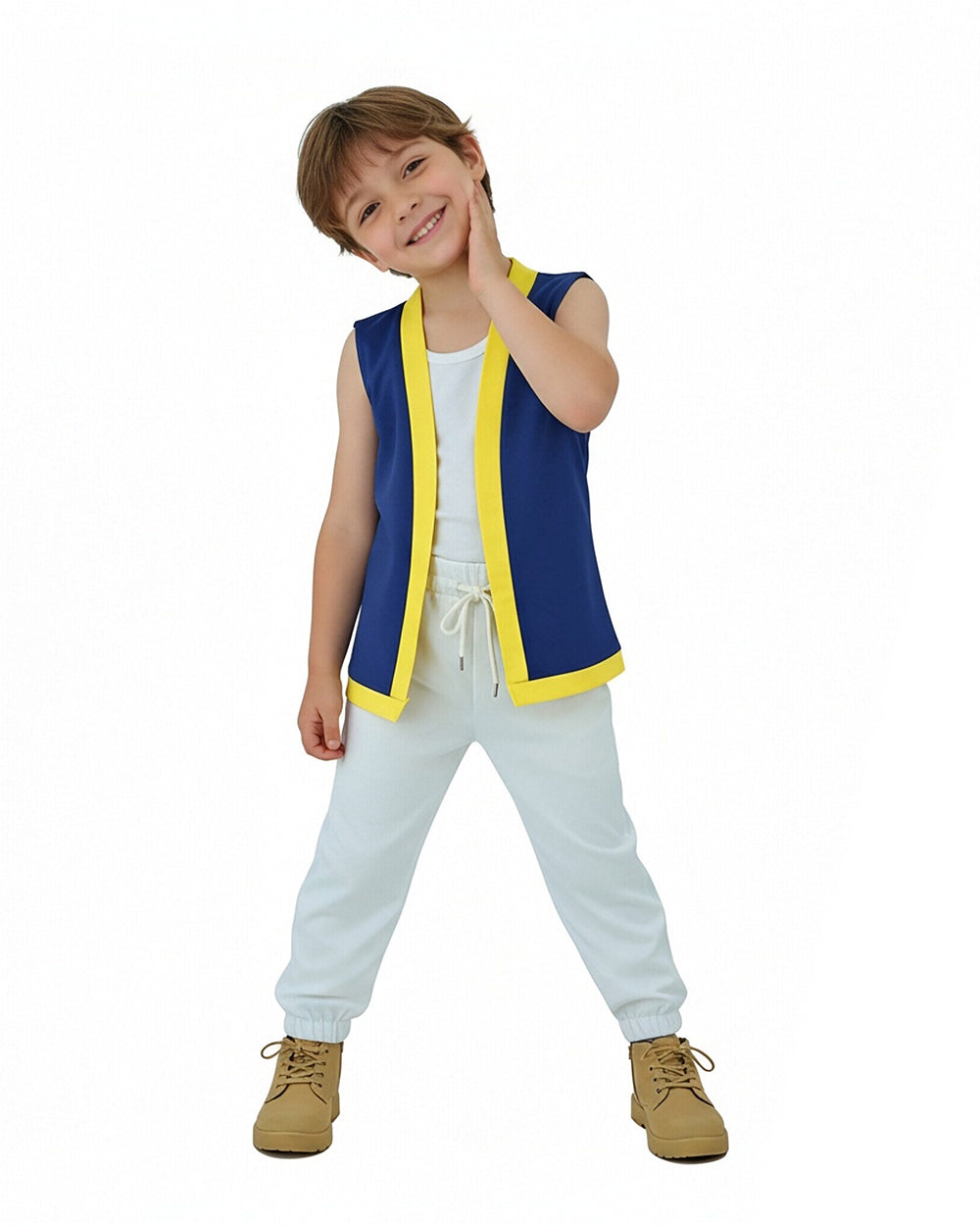 Mushroom Costume Blue Open-front Vest with White Pants and Plush Hat for Cosplay Party