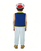 Mushroom Costume Blue Open-front Vest with White Pants and Plush Hat for Cosplay Party