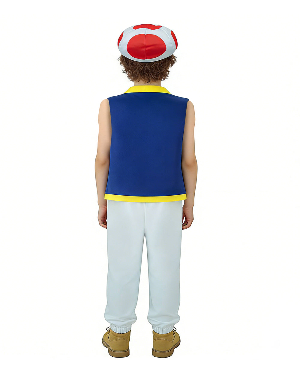 Mushroom Costume Blue Open-front Vest with White Pants and Plush Hat for Cosplay Party