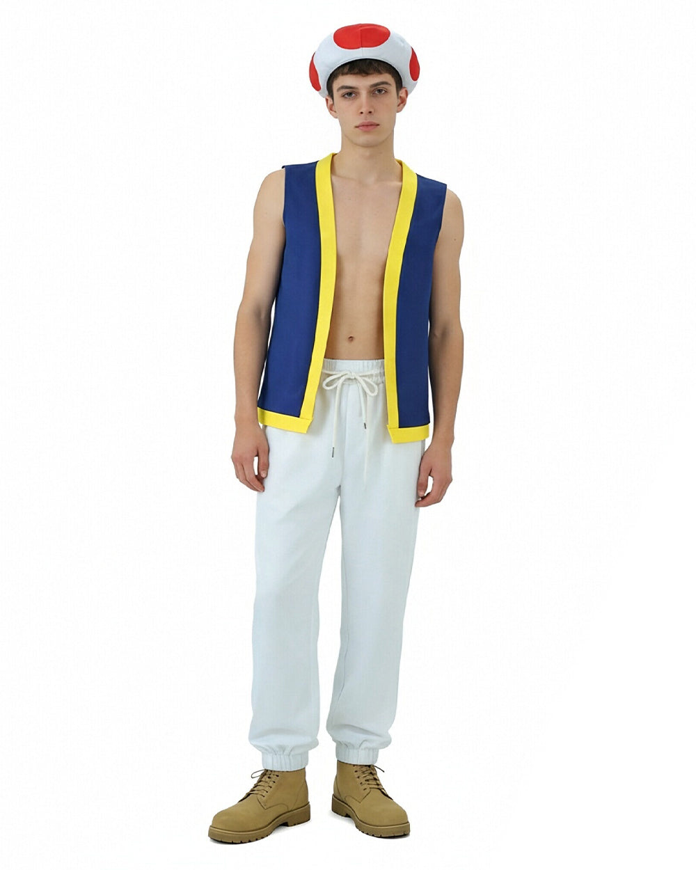 Mushroom Costume Blue Open-front Vest with White Pants and Plush Hat for Cosplay Party