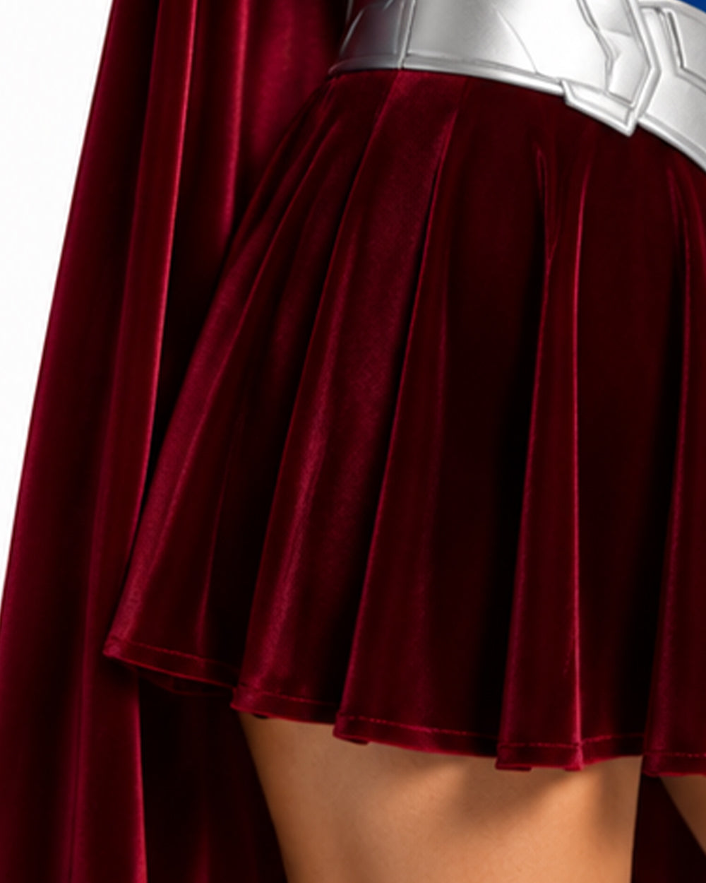 Girls Women Heroine Costume Long Sleeve Velvet Pleated Dress with Red Detachable Cape for Comic Con