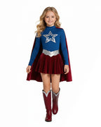 Girls Women Heroine Costume Long Sleeve Velvet Pleated Dress with Red Detachable Cape for Comic Con