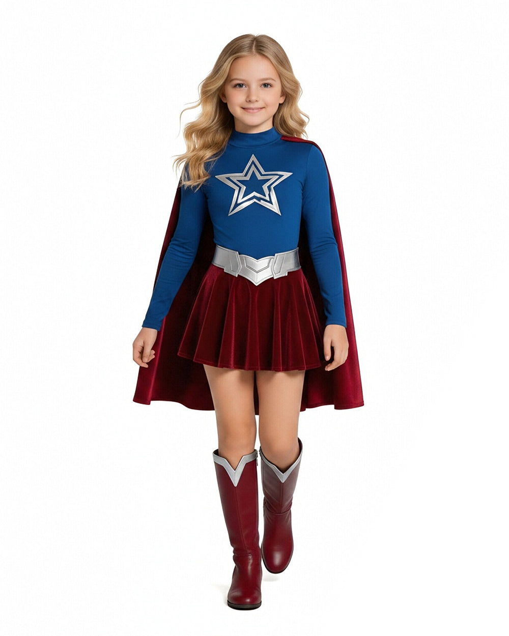 Girls Women Heroine Costume Long Sleeve Velvet Pleated Dress with Red Detachable Cape for Comic Con
