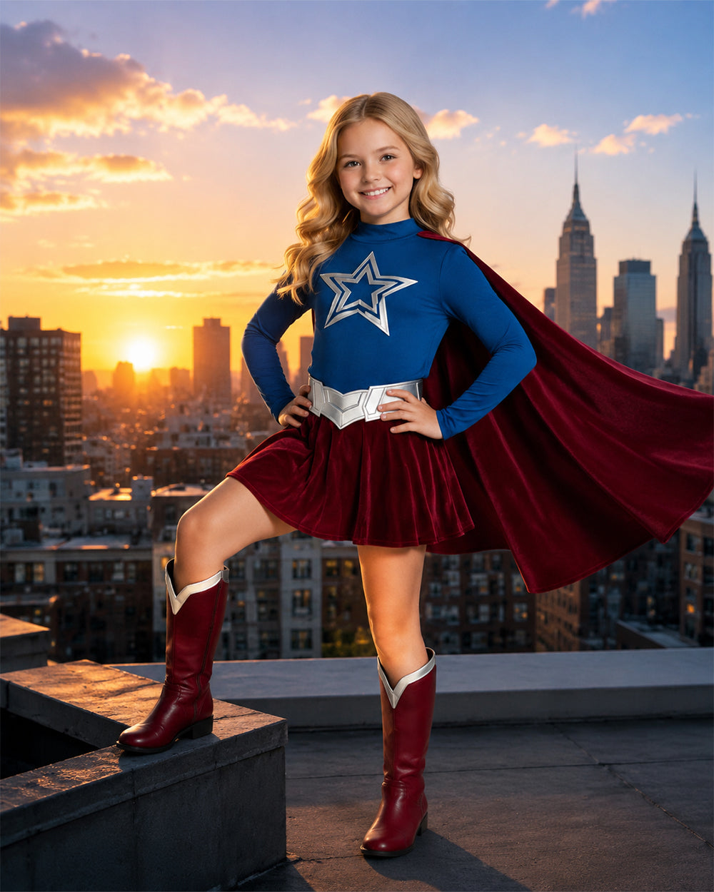 Girls Women Heroine Costume Long Sleeve Velvet Pleated Dress with Red Detachable Cape for Comic Con