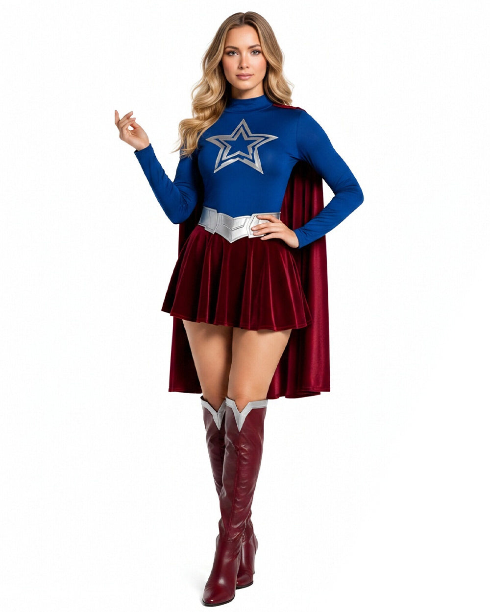 Girls Women Heroine Costume Long Sleeve Velvet Pleated Dress with Red Detachable Cape for Comic Con