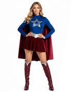 Girls Women Heroine Costume Long Sleeve Velvet Pleated Dress with Red Detachable Cape for Comic Con