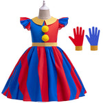 Girls Pomni Dress Daily Cosplay Costume Pomni Casual Dress with Gloves Halloween Party Outfit