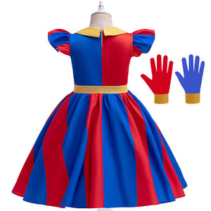 Girls Pomni Dress Daily Cosplay Costume Pomni Casual Dress with Gloves Halloween Party Outfit