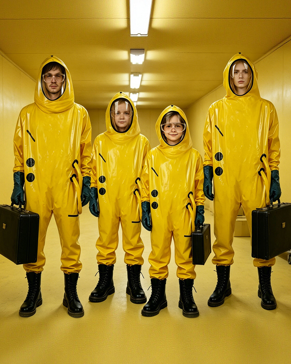 Kids Adults Unisex Yellow Hazmat Suit M.E.G. Investigator Costume ASYNC Researcher Outfit for Family Group Cosplay